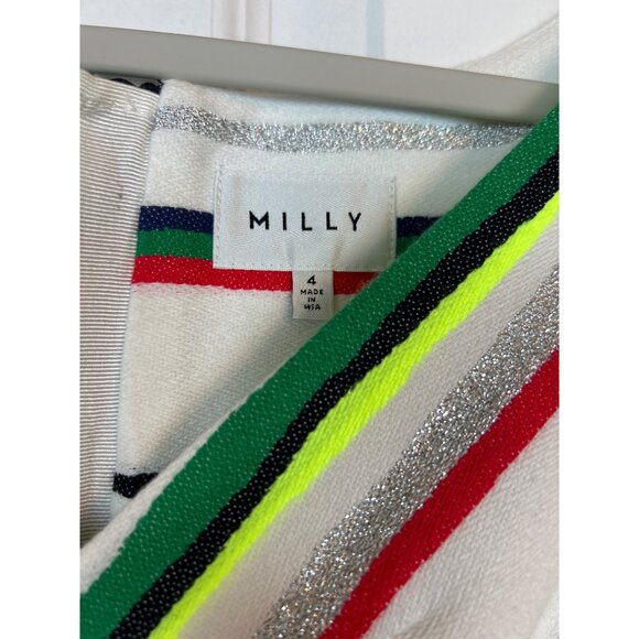 MILLY St. Tropez Allison Dress Sleeveless V-Neck Florescent Stripes Pockets 4 - Picture 2 of 9